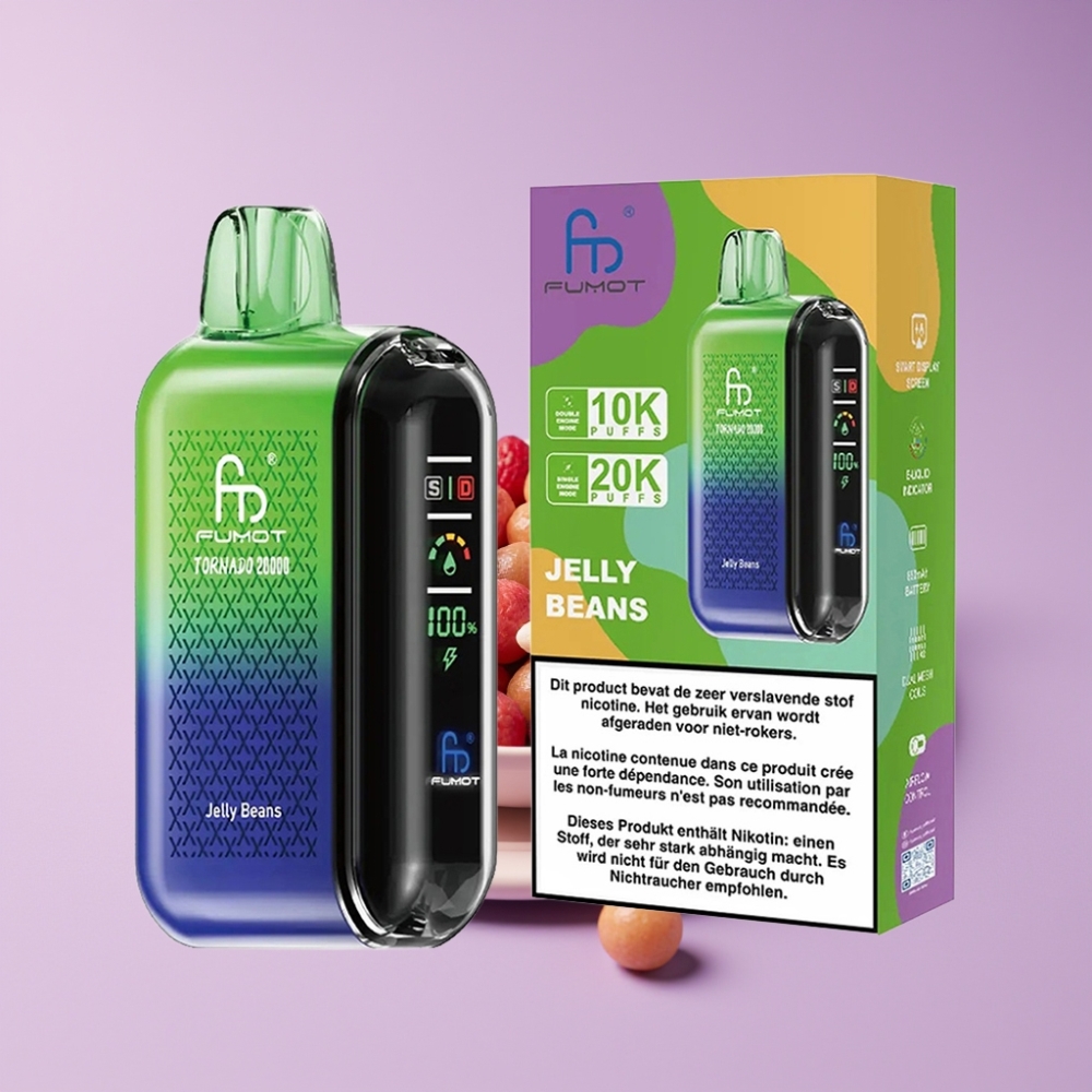 Fumot Tornado 20000 Puffs Dual Mesh Coil 20ml 850mAh عرض ذكي تحكم في الهواء قوة نيكوتين 2% نكهة حلوى الجيلي