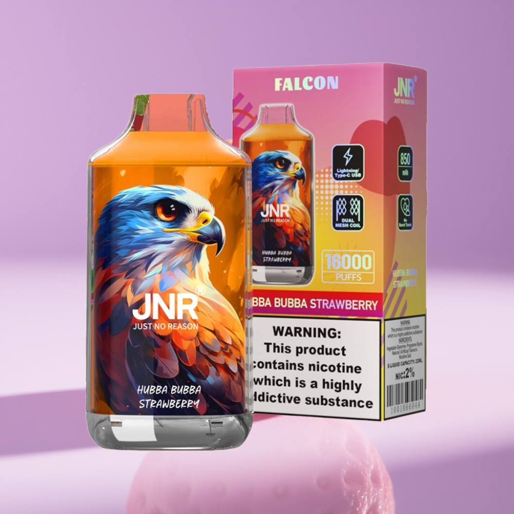 JNR Falcon 16000 Puff 850mAh 22ml Dual Mesh Type C LED 0% 2% فراولة هوبا بوبا