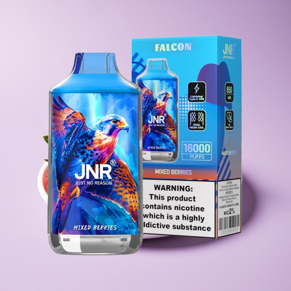 JNR Falcon 16000 Puffs 850mAh 22ml Dual Mesh Coil Type C & Lightning Smart LED Display 0% 2% توت مختلط