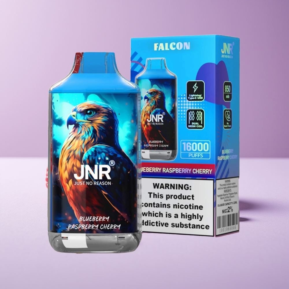 JNR Falcon 16000 Puffs 850mAh 22ml Dual Mesh Coil Type C & Lightning Smart LED Display 0% 2% توت عُلّيق كرز