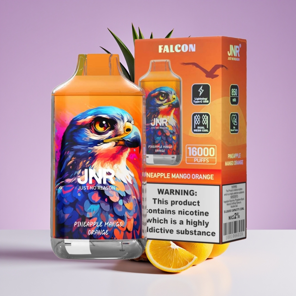 JNR Falcon 16000 Puffs 850mAh 22ml Dual Mesh Coil Type C Smart LED أناناس مانجو برتقال