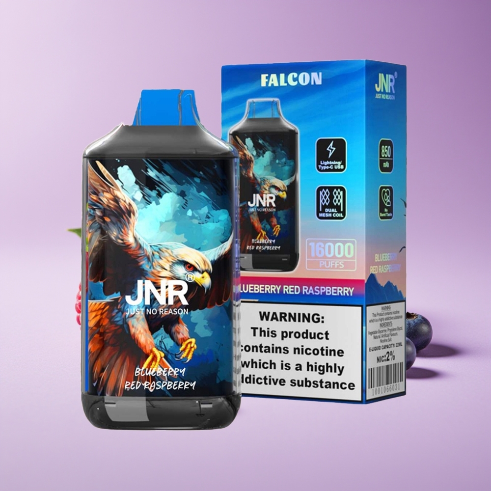 JNR Falcon 16000 Puffs 850mAh 22ml Dual Mesh Type C LED 0% 2% توت أحمر توت أزرق